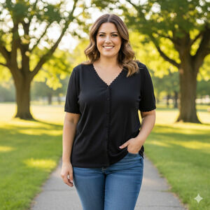 Vintage Venezia Women 18/20 2x Black Short Sleeve Button Up Scallop Trim Sweater